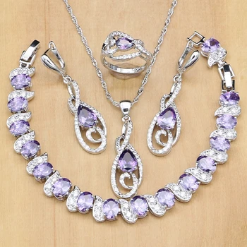 

luxury Jewelry Sets Natural Purple Cubic Zirconia Silver 925 Jewelry For Women Anniversary Earrings Europeans Necklace Sets