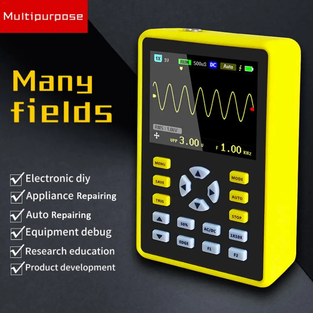

Portable Digital Oscilloscope 2.4-inch Screen 500 MS / S Sampling Rate 100MHz Analog Bandwidth Oscilloscope