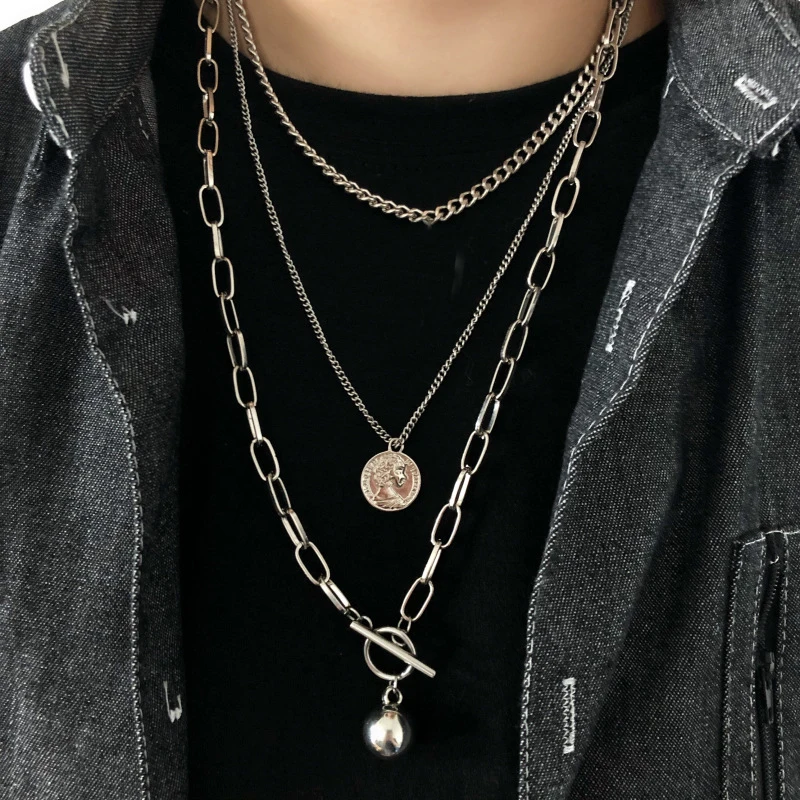 New Trendy Metal Ball Coin Cross Pendant Multi-layer Punk Design Long Chain Necklace For Women men Jewelry Gifts | Украшения и