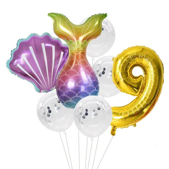 Little Mermaid Party Balloons 32inch Number Foil Balloon Kids Birthday Party Decoration Supplies Baby Shower Decor Helium Globos 7pcs number9 set
