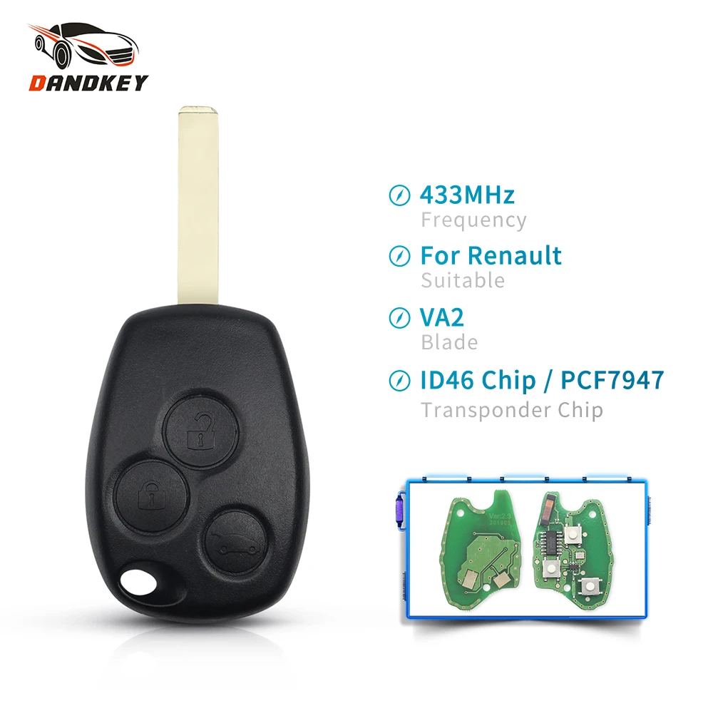 

Dandkey For Renault /Kangoo II /Clio III Auto Fob 433MHz ID46 PCF7947 Chip 3 Buttons Car Remote Key Replacement Keyless Alarm