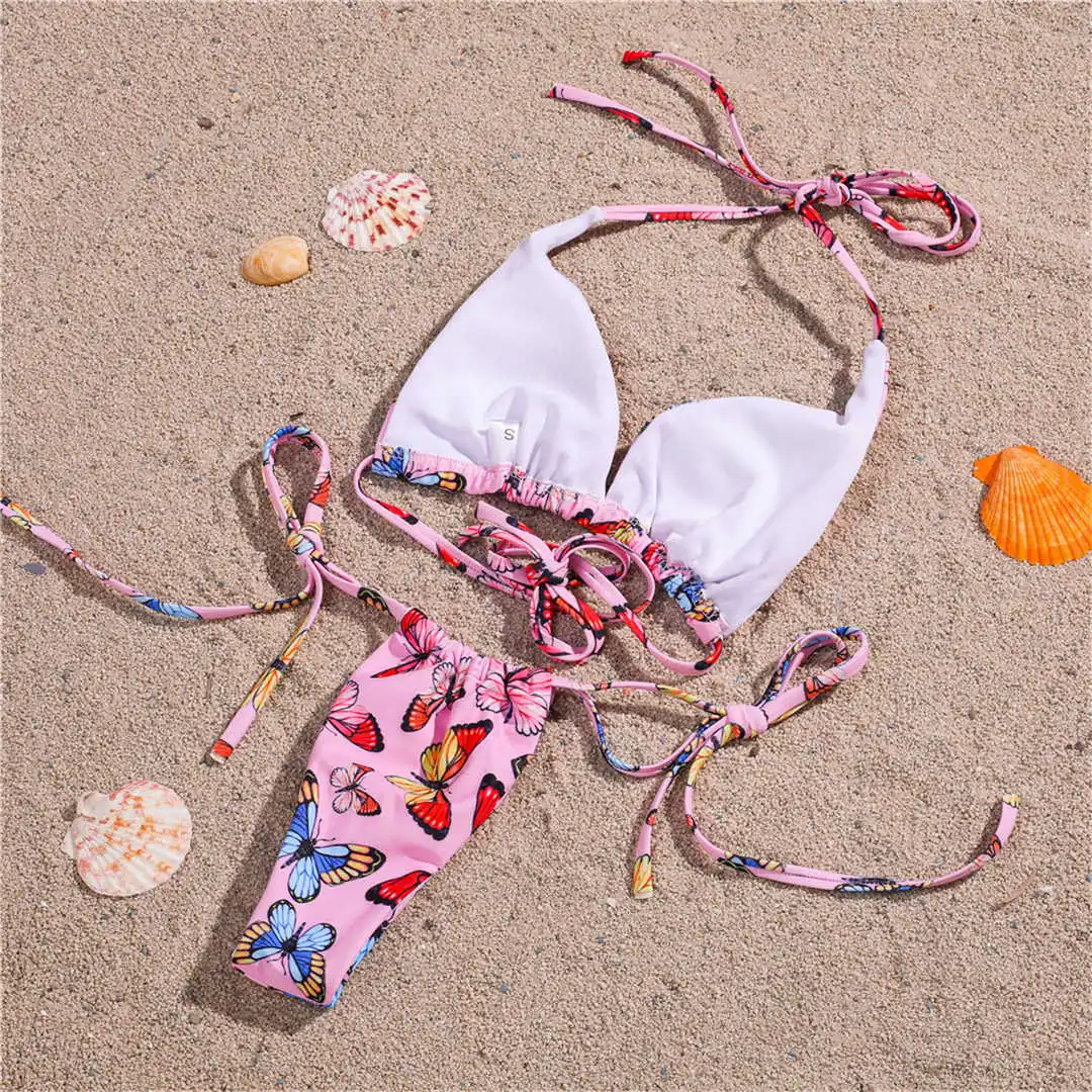 Sexy Butterfly Printed Halter Bikini Women Swimwear Female Swimsuit Two-pieces Bikini set Thong Bather Bathing Suit Swim V2409