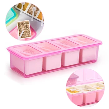 

4 Grid Seasoning Box, Multi-Function Plastic Rack Spice Pots Divider Storage Container Condiment Jar With Spoon Kitchen Tools