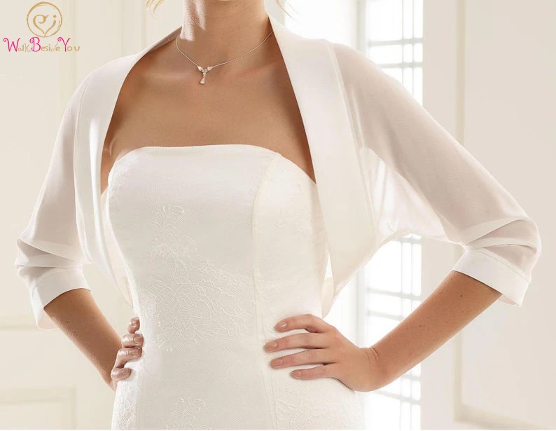 Chiffon Satin Wedding Bolero 3/4 Sleeve Bridal Occasion Accessories Bride Cover Up robes de bal Women Party wedding shawl