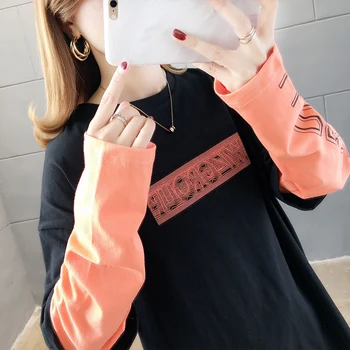 

Pure Cotton Ulzzang Mock Two-Piece Joint Long-sleeved T-shirt Women's Loose-Fit Mid-length Popular Brand Tops 7029