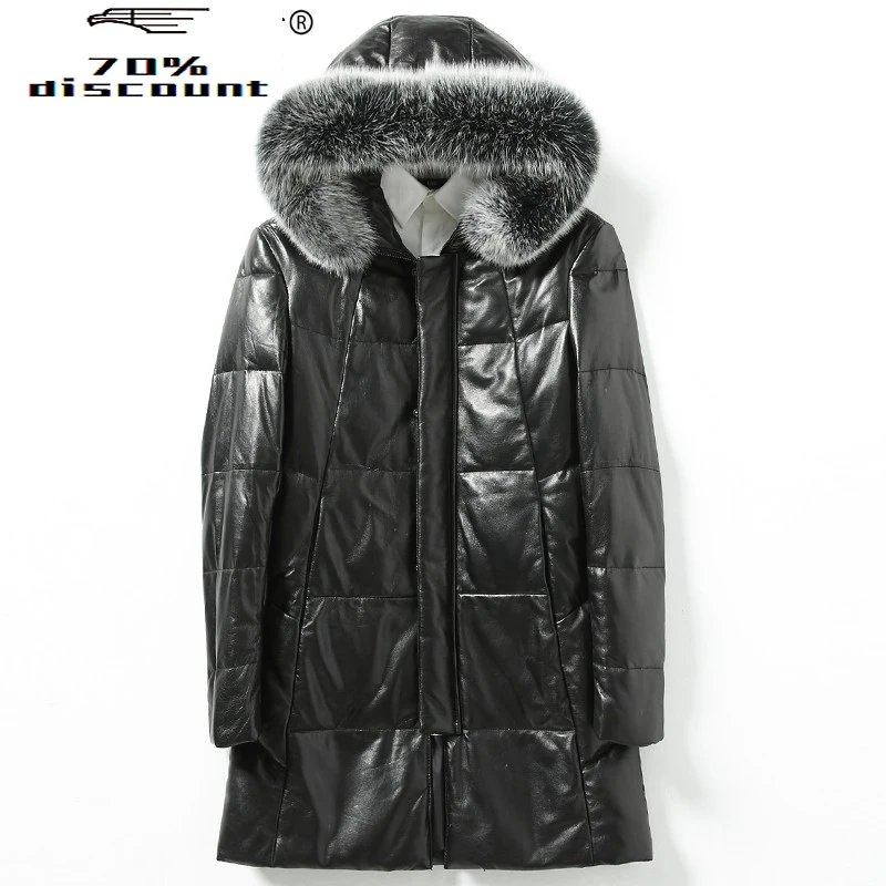 

Men's Sheepskin Coat Genuine Leather Winter Duck Down Jacket Men Fox Fur Collar Hooded Long Coat Men Jacket 026 KJ2448
