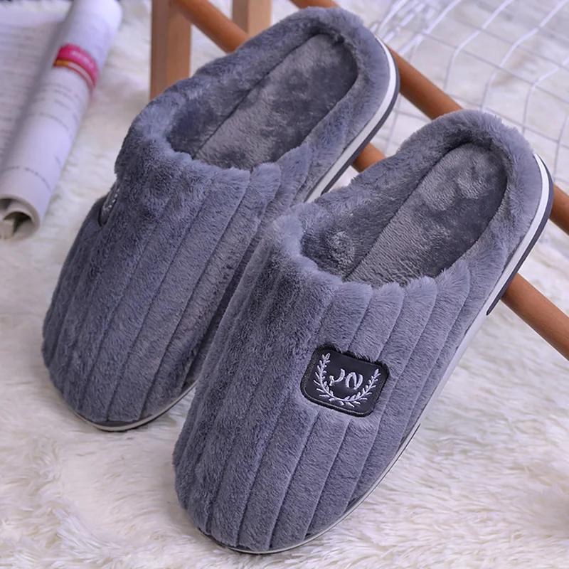 

Plus Size 45-50 Winter Man's Slippers Striped Plush Warm Indoor Slippers Men TPR Suede Home Slippers For Men Solid