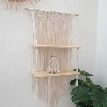 

Bohemia Woven Wooden Wall Hanging Shelf 2-Tier Wall Tapestry Tassels Woven Decoration Children Kids Clothing Store Display Stand