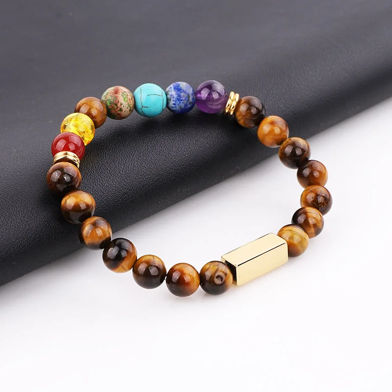 7 Chakra Bracelet Yoga Power Bracelet Free Custom Text Gold Stainless Steel Charm Male Beaded Elastic Bracelet Gift Men women