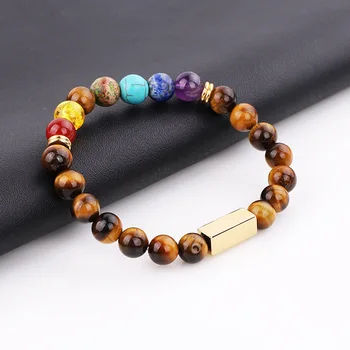 7 Chakra Bracelet Yoga Power Bracelet Free Custom Text Gold Stainless Steel Charm Male Beaded Elastic Bracelet Gift Men women