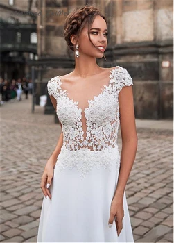 

Vintage 2020 See-Through Bodice A-Line Wedding Dress With Beading Appliques Illusion Back Chiffon Long Bridal Dress