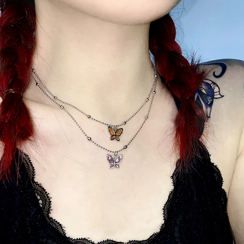 HUANZHI 2020 3pcs/set Three Layer Butterfly Cross Angel Pendant Metal Chain Necklace for Women Punk Cool Guy Jewelry