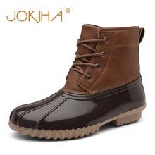 JOKIHA/Женские Двухцветные резиновые сапоги до щиколотки на шнуровке, утка сапоги на меху, теплая водонепроницаемая зимняя обувь, женские зимние короткие ботиночки, большие размеры