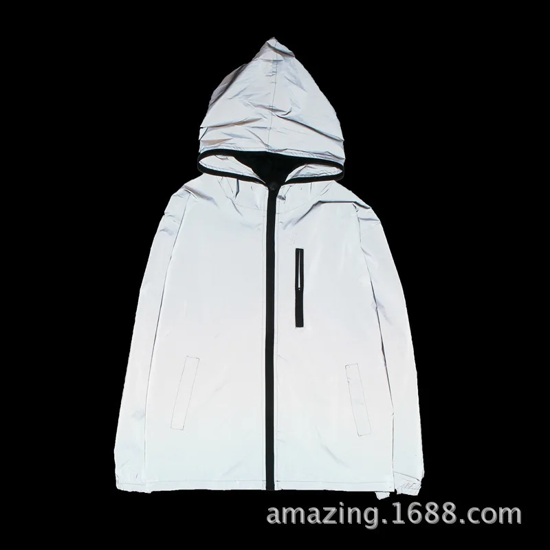 

2019 New Men Night Shiny Full Reflective Hip-hop Hooded Jacket Mens Harajuku Streetwear Loose Windbreaker Jackets Plus Size 4XL
