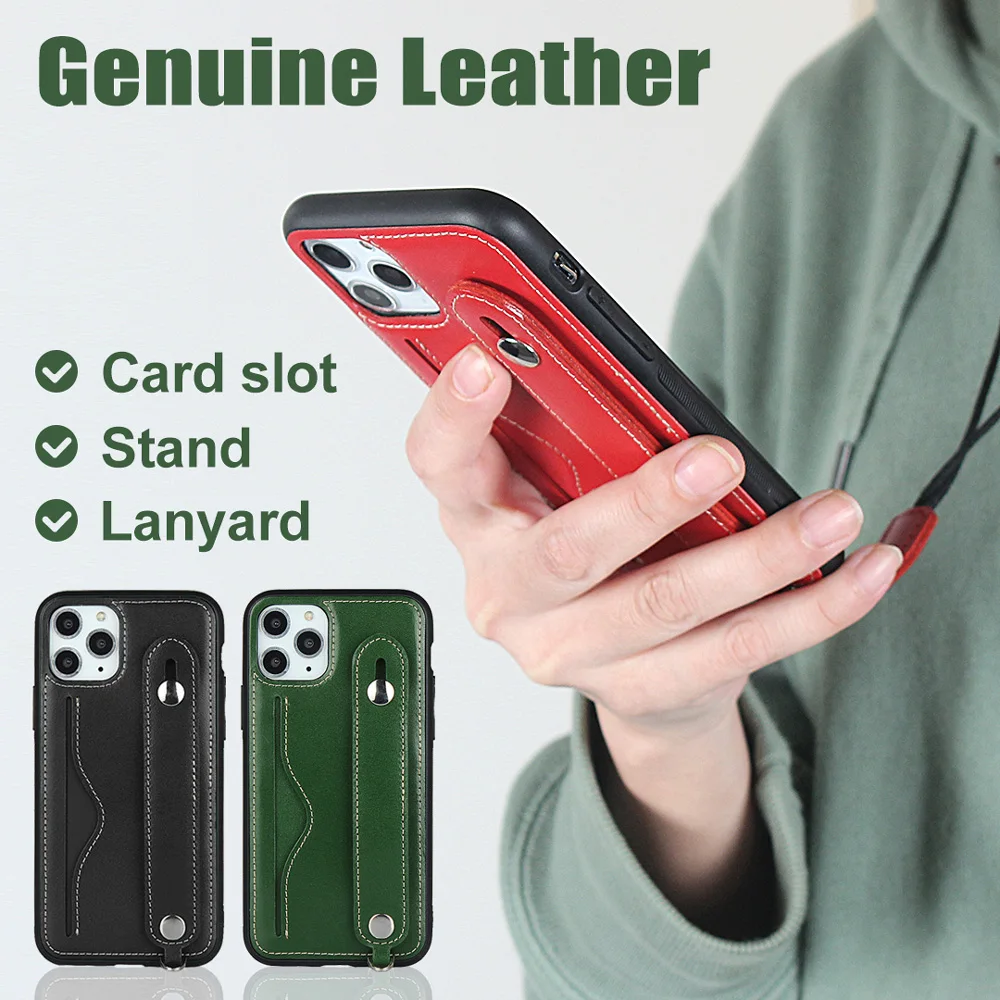 

Genuine Leather Case for iPhone 11 Pro Max Xs Max 7 8 Plus Card Slot Lanyard Stand Luxury Real Cow Phone Cases for X Xr Cover