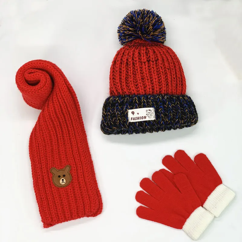 

3-10years Kids Hat and Scarf Set with Gloves 3pc Set Boys Girls Knitted Winter Hat Gloves Set Bear Patch Red White