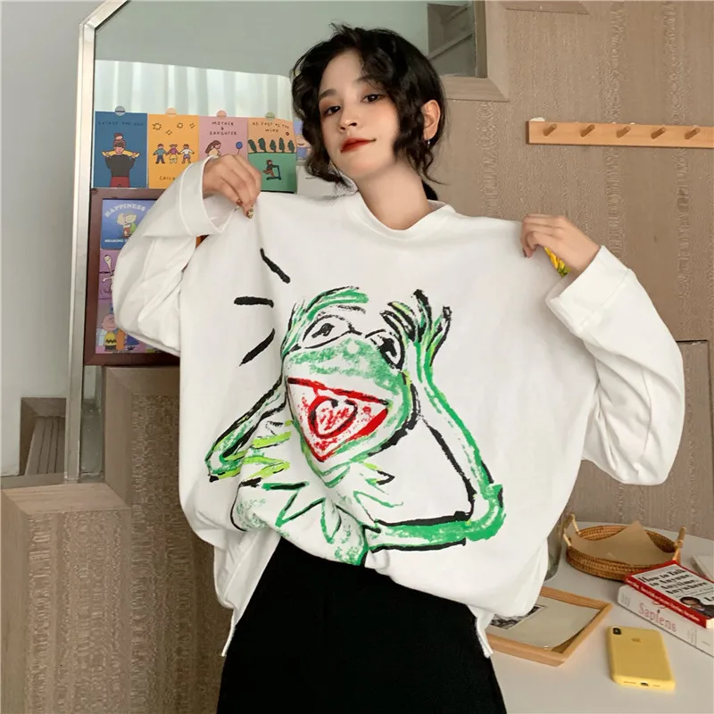 

[EWQ]2019 Autumn Winter New O-Neck Abstract Cartoon Pattern Pullovers Fashion Trend Women Korea Loose Plus Size Sweatshirt QL395