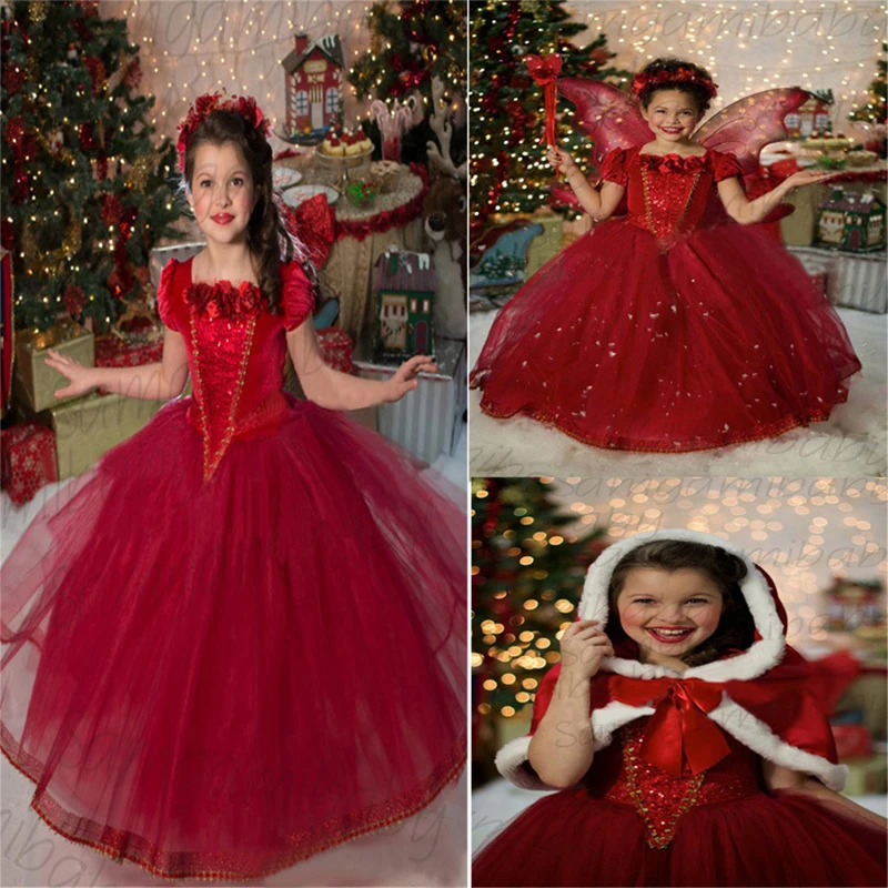 Детская одежда для рождественской вечеринки, кружевное платье на крестины с блестками и цветочным рисунком, платье принцессы для маленьких девочек, костюм для сцены