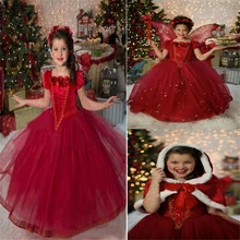 Детская одежда для рождественской вечеринки, кружевное платье на крестины с блестками и цветочным рисунком, платье принцессы для маленьких девочек, костюм для сцены