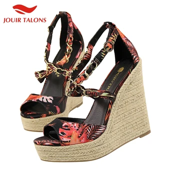 

13cm High Heels Straw Platform wedges Sandals Women Leisure dating Female metal chains cross-Strap 2020 Summer Shoes sandals