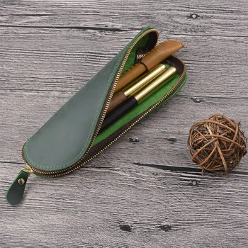 

Multifunction Brush Holder Portable Vintage Zipper Casual Pencil Bag Makeup Pouch Handmade Soft PU Leather Storage S Shaped