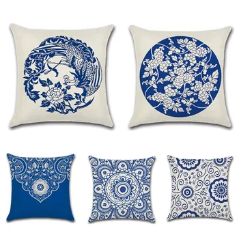 

National Style Sofa Cushion Cover Linen 45*45cm Phoenix Pillow Cover Chinese Style Pillowcase Blue and White Porcelain