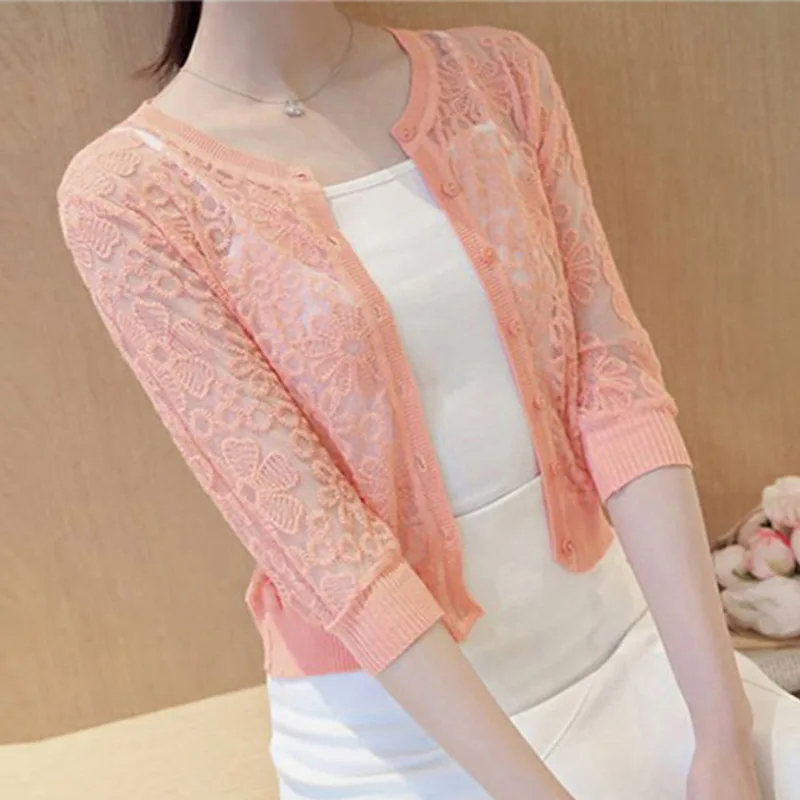 6 Hot Sexy Lace Cardigan Sweater Women Knit Cardigan Women Summer Thin Sweater Female Korean Slim Button Cardigan Female Plus Size - Цвет: 6