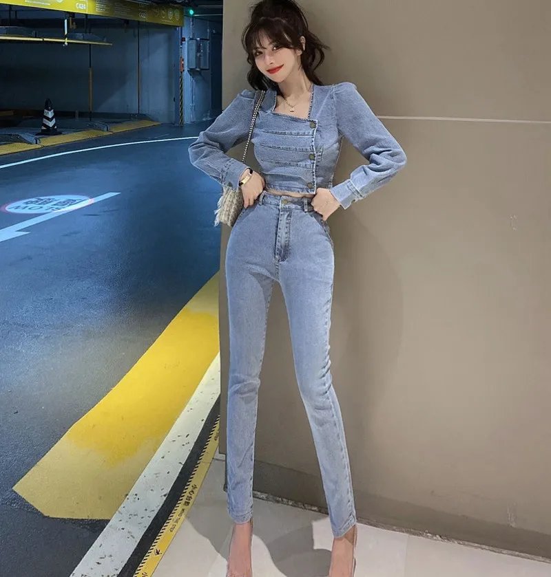 womens suit set 2021 spring autumn women's fashion long sleeve  Denim  tops +pants suits female vintage denim two piece sets matching workout sets