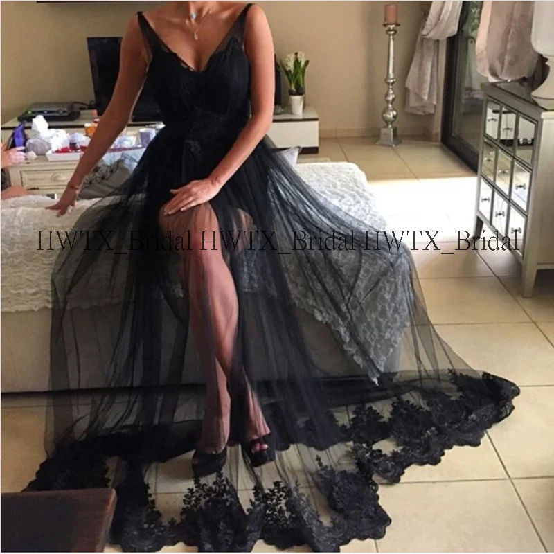 HWTX_Bridal, сексуальные черные кружевные платья для выпускного вечера,, глубокий v-образный вырез, открытая спина, прозрачная юбка, длинное официальное вечернее платье, Vestidos De Novia