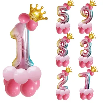 

1set 32inch Birthday Party Rainbow Foil Number Balloon Crown Anniversary Latex Balloon Decor Kids Birthday Standing Air Ball