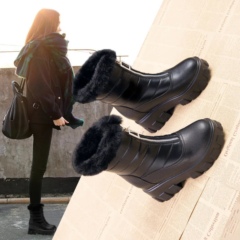 

2019 Autumn And Winter Elevator Women's Boots Genuine Leather Rex Rabbit Fur Snow Boots Thick Bottomed Warm Female Padded Front