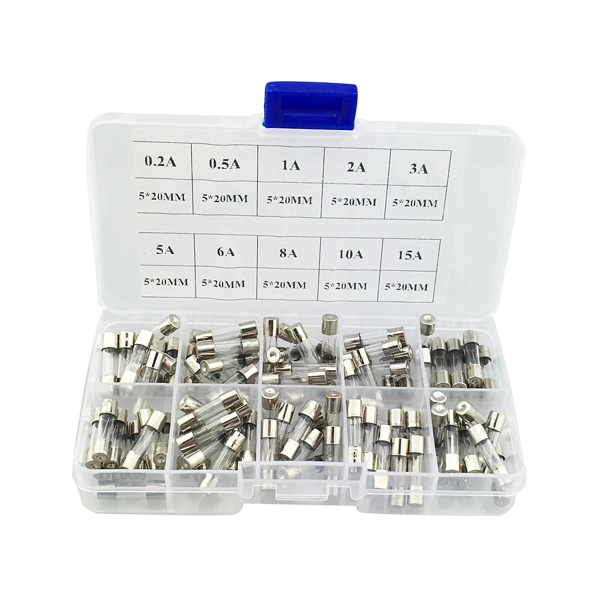 100Pcs 5 X 20mm Electrical Fuse Amp Fast-blow Glass Fuse In Box 0.2A-15A
