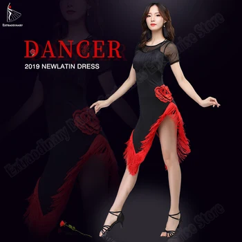 

Latin Dance New Women Ballroom Dress Black Red Rose Tassel Samba Costume Sexy Party Dresses Latin Performance