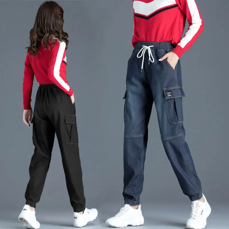 Denim Joggers Women Cargo Pants Women Velvet Elastic Waist Woman Pants Slimming 2020 Harem Pants Sweatpants Women Denim Jeans