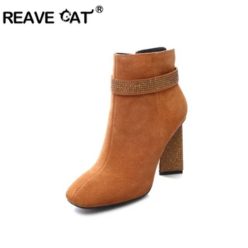 

REAVE CAT Women Cow suede Ankle Boots Square Toe Zipper High Square Thick Heels Metel Decration Big size 34-43 Casual Autumn