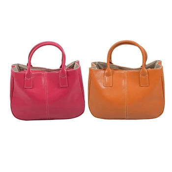 

2 Pcs Fashion Women PU Leather Satchels Tote Purse Bag Handbag - Rose Red & Orange