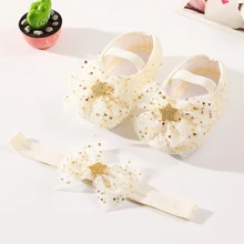 

Toddler Shoes Baby Girl Sweet Princess Shoes Star Net Yarn Bowknot Crib Soft Sole Newborn Shoes Headband Set