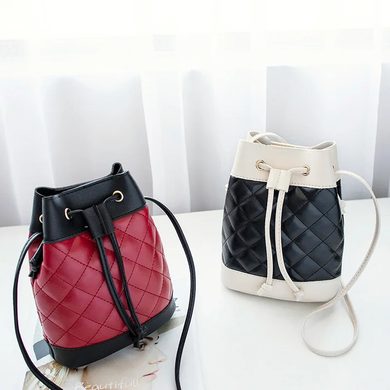 

Contrast Color Rhombus Spiraea Graceful Bucket Bag 2019 Korean-style New Products Pull-belt Shoulder Women's Mobile Phone Bag
