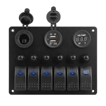 

Practical Waterproof 6 Gang Toggle Rocker Switch Panel Car Marine Boat Circuit LED Breaker Voltmeter Aluminum Panel New DC Flat
