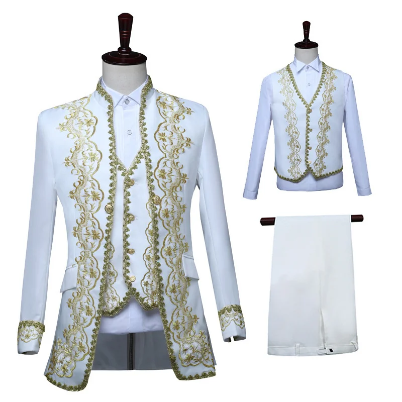 Men British Tuxedo Suit Classic White Palace Blazer Men Metal Gold Yarn Prom Stage Party Singer 3 Piece Dress Suits Homme Hombre