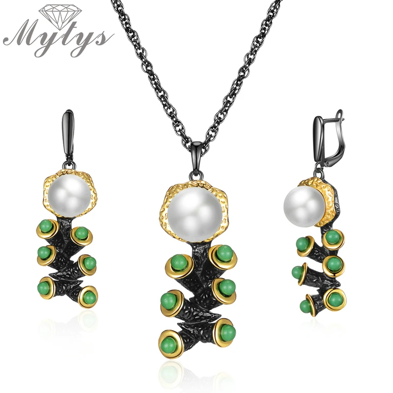 

Mytys Black Gun Vintage Jewelry Sets Branch New Leaves Pendant Necklace Earrings Sets Pearl Jewelry CE613 CN542