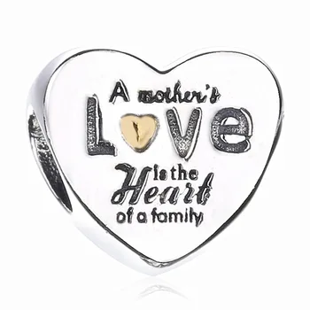 

New 925 Sterling Silver Bead Charm Gold Color Love Heart of the Family Two-Tone Beads Fit Pandora Bracelet Bangle Diy Jewelry