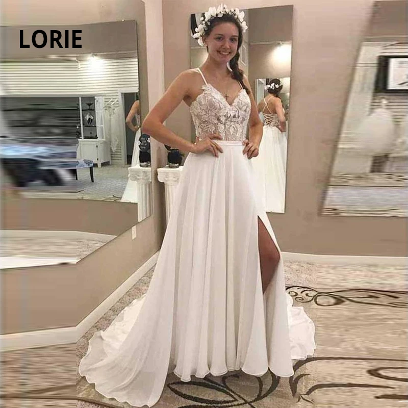 

LORIE Spaghetti Strap Boho Wedding Dress 2019 Lace Appliqued with Chiffon Beach Bridal Gown A-line Lacing Bride dress with Split