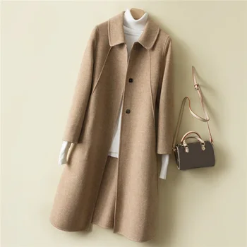 

2019 Winter Women Double-Sided Cashmere Solid Casual Wool Coat Jacket Female Simple Coat Elegant Lady Long Woolen Overcoats N56