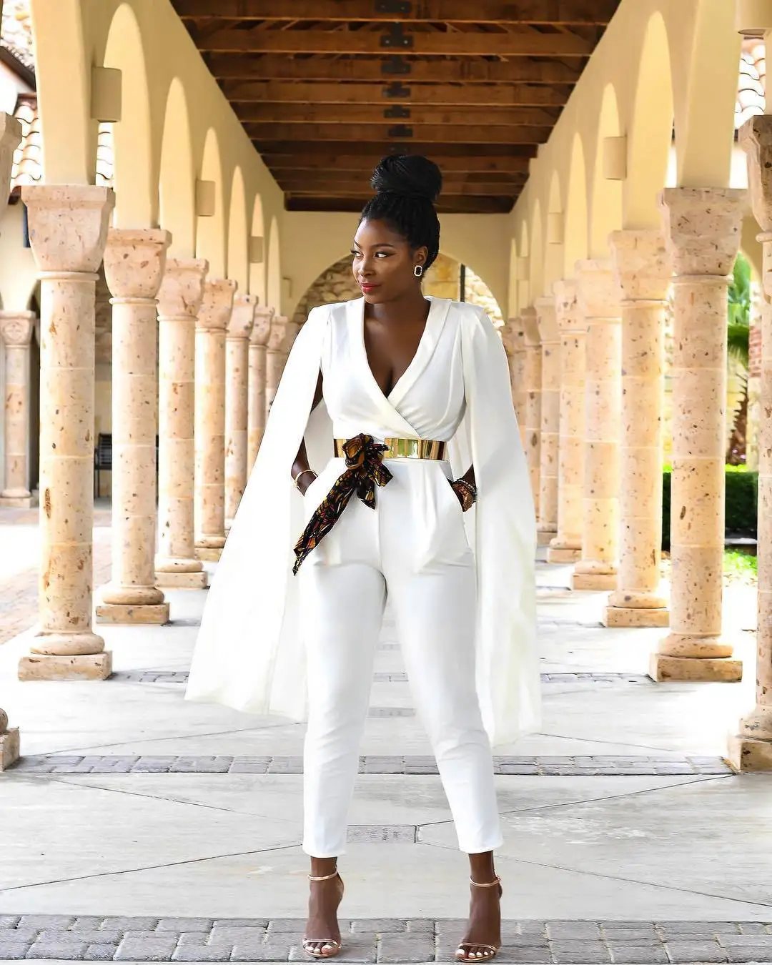 African Women White Jumpsuit Evening Dress With Pockets Deep V-Neck Cape  Sleeve Prom Party Gowns