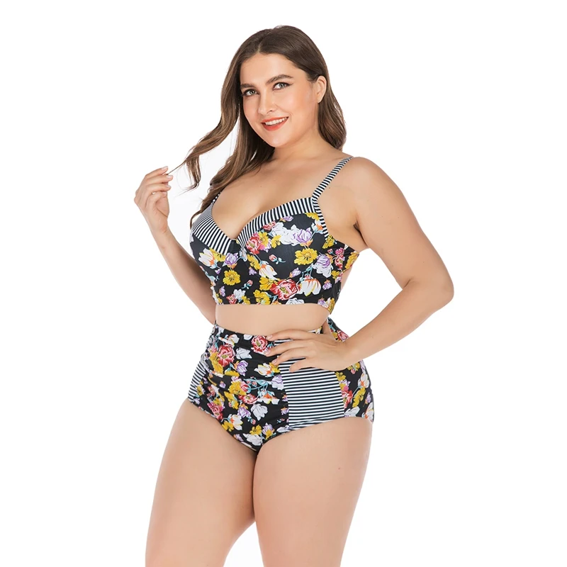 

High Waist Swimwear Women Tankini Floral Patchwork Strappy Bikini Top Bottom Lady Plus Size Swimsuit Beach Swimming Suit