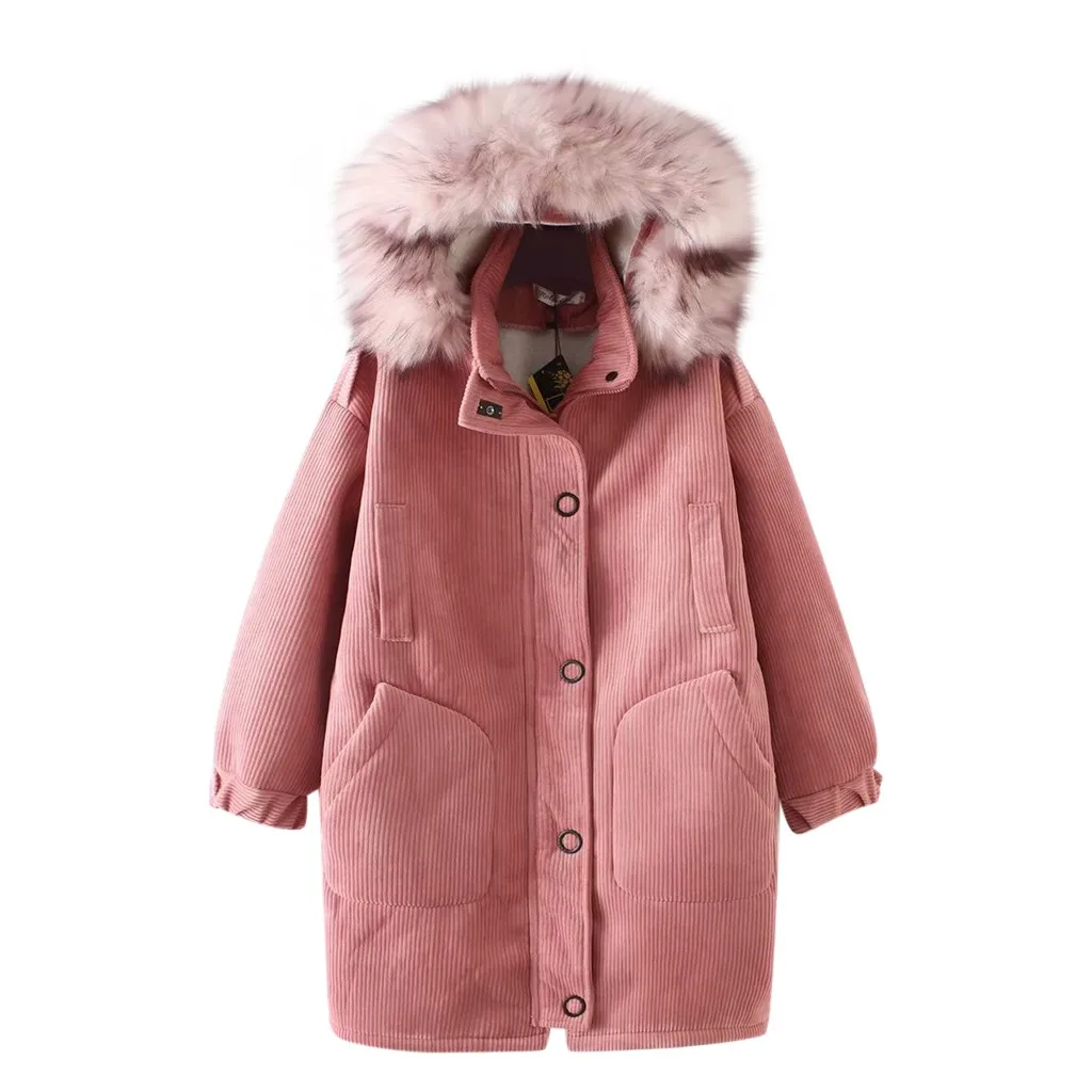 Зимняя женская куртка пальто с капюшоном с меховым воротником вельветовое утепленное повседневное однотонное длинное теплое пальто Прямая поставка# Zer