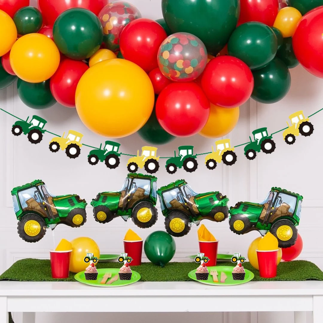 

1Set Farm Theme Green Tractor Inflatable Balloons Happy Birthday Party Decoration Kids Birthday Excavator Vehicle Banner