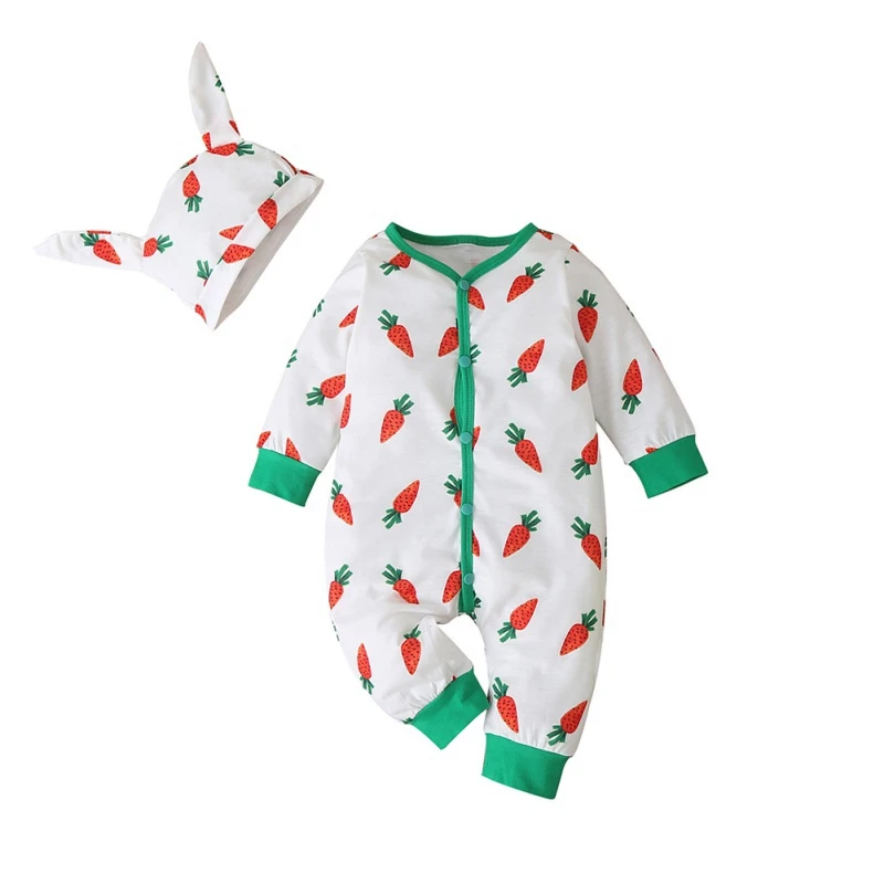 

Baby Boy Girl Casual Cotton Outfits Sets Infant Cotton Long Sleeve Carrot Print Romper With Hat 2 Set Autumn New