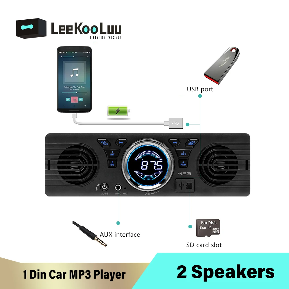 Автомагнитола LeeKooLuu, 1 din, Bluetooth, FM, Aux, SD, USB
